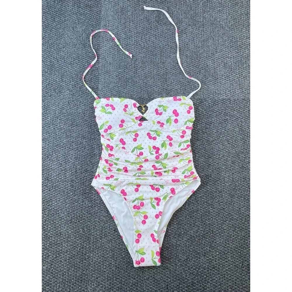 Betsey Johnson‎ Womens White Cherry Bomb Bandeau Swimsuit With Cover-Up Skirt S